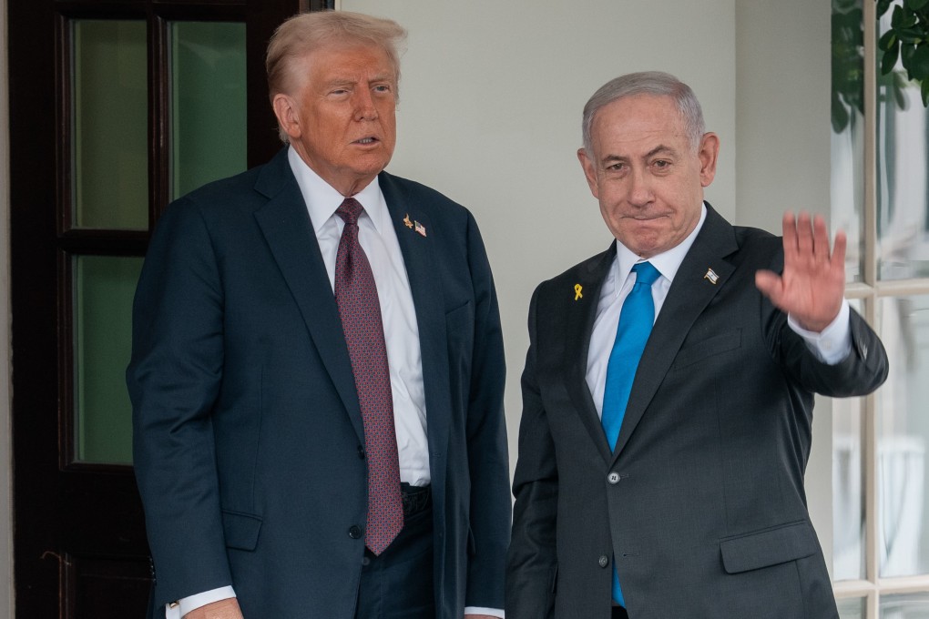 US President Donald Trump, left, welcomes Israeli Prime Minister Benjamin Netanyahu outside the West Wing of the White House in Washington on Monday. Photo: Zuma Press Wire / dpa