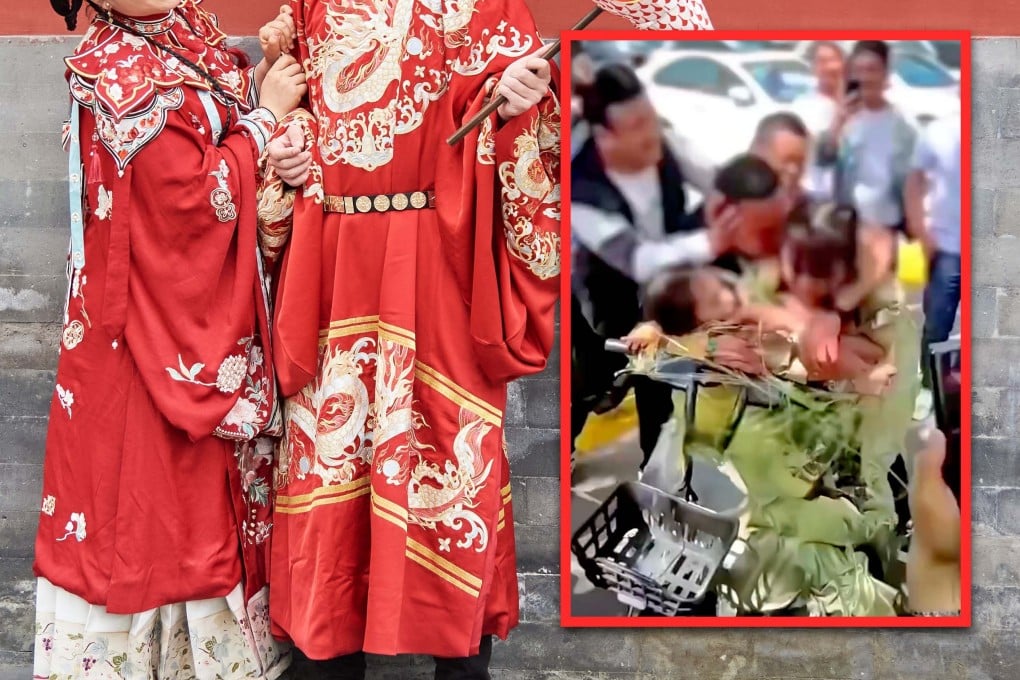 Two bridesmaids in China were taped to a bike and forced to kiss strangers as part of the wedding prank tradition, causing public outrage over consent. Photo: SCMP composite/Shutterstock/Douyin