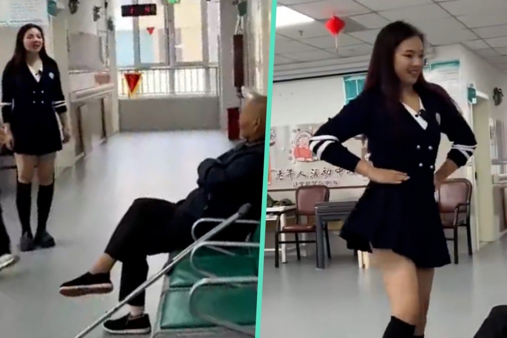 A Chinese nursing home faced backlash after posting a video of a female staff member dancing provocatively to encourage elderly residents to take their medication. Photo: SCMP composite/Douyin