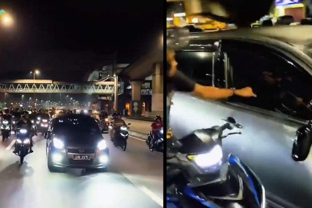 The viral video showed the group of bikers swarming the car and punching its windows. Photo: Reddit / balistafear