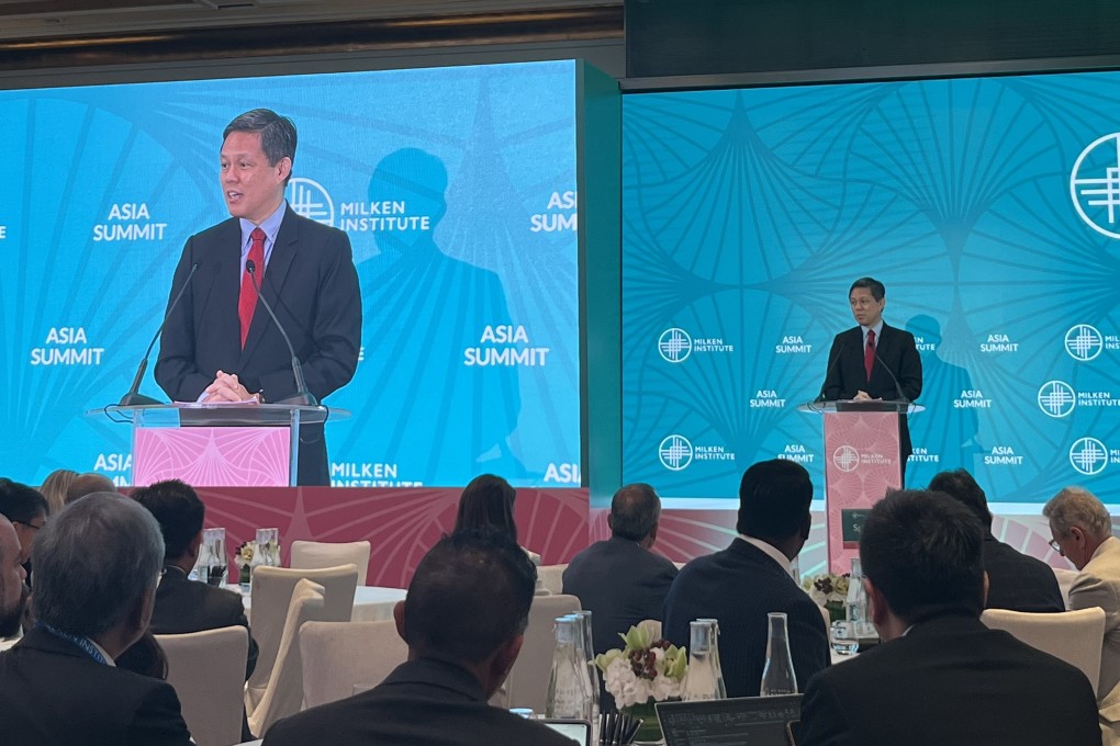 Singapore’s Defence Minister Chan Chun Sing addresses leaders from the business and other sectors at the Milken Institute Asia Summit on Wednesday. Photo: Jean Iau