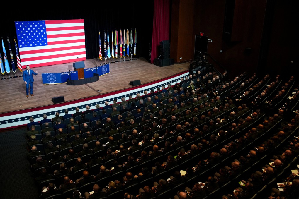 US Defence Secretary Pete Hegseth speaking to senior military leaders. Photo: Reuters