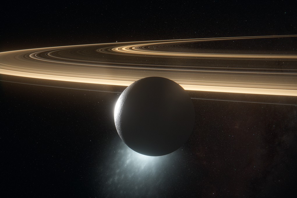 Ice erupting from the south pole of Saturn’s moon, Enceladus. Photo: BBC