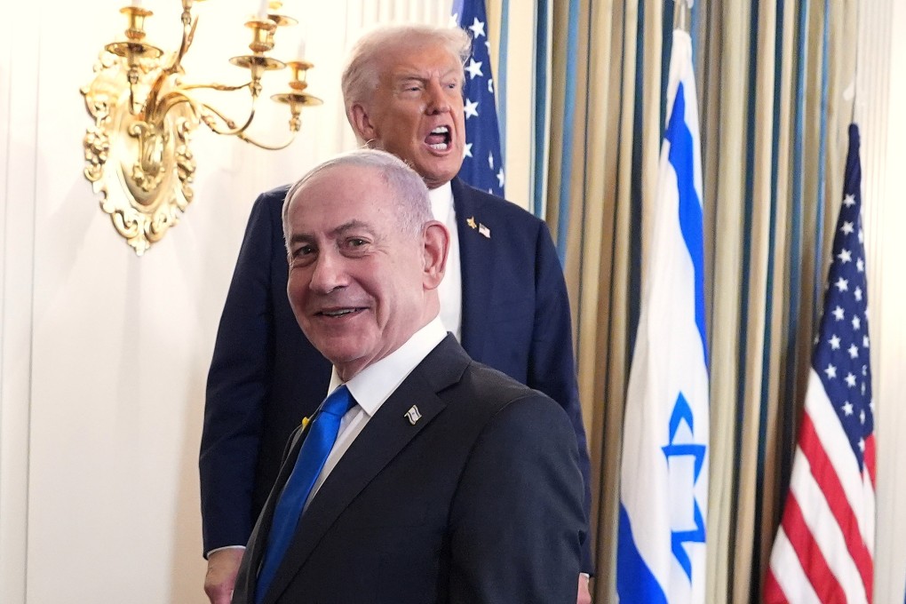 President Donald Trump speaks upon departing a news conference with Israeli Prime Minister Benjamin Netanyahu (foreground), in the State Dining Room of the White House, on Monday. Photo: AP
