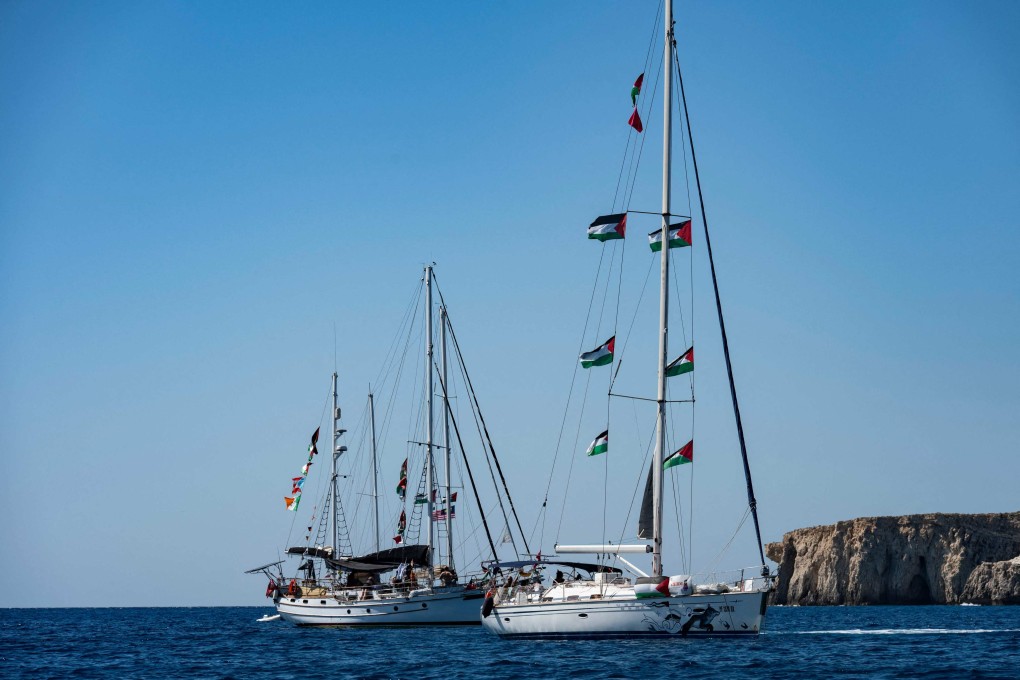 Ships of the Global Sumud Flotilla to Gaza are seen moored near a Greek island on Friday. Photo: AFP