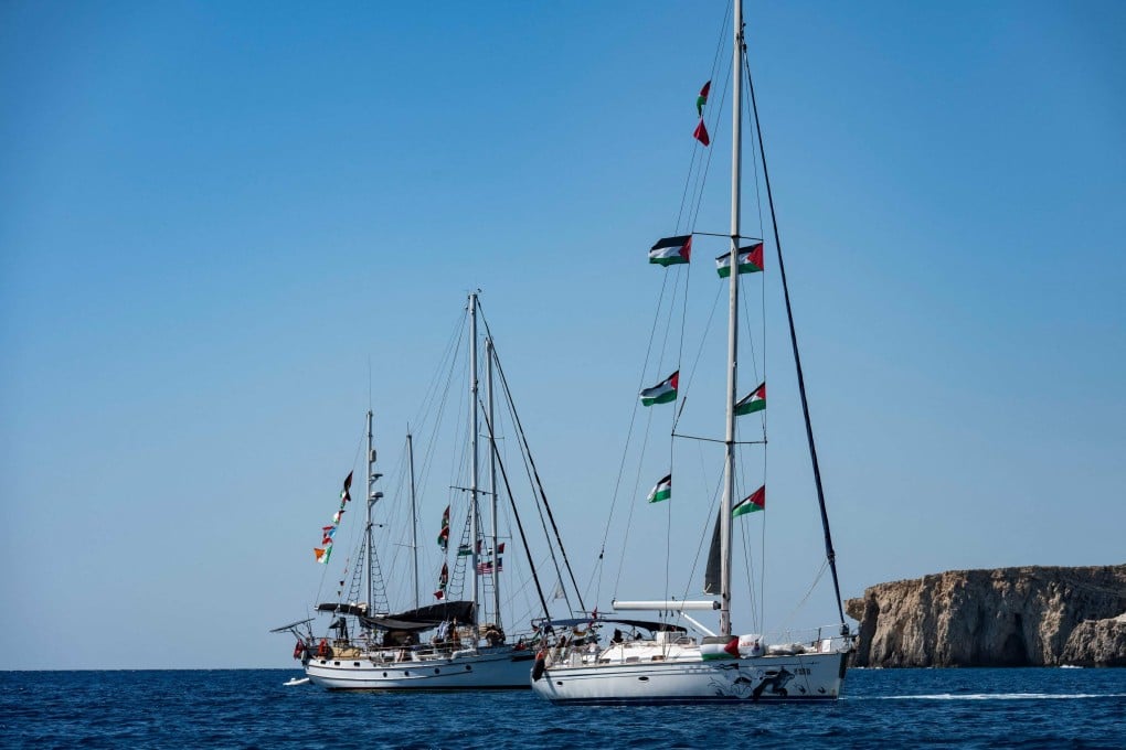 Ships of the Global Sumud Flotilla to Gaza are seen moored near a Greek island on Friday. Photo: AFP