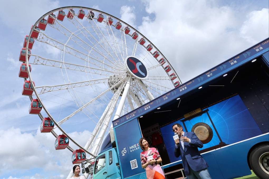 Hong Kong Exchanges and Clearing CEO Bonnie Chan and chairman Carlson Tong launch the HKEX Gong Tour, showcasing the actual gong used in listing ceremonies, on June 19. For the first time since 2019, Hong Kong holds the top spot in global IPO fundraising. Photo: Edmond So