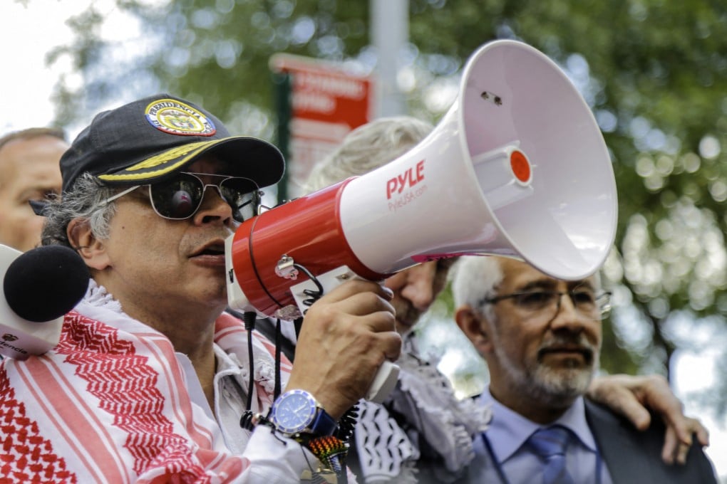 Colombian President Gustavo Petro addressing a pro-Palestinian rally outside the UN headquarters in New York on Friday. Photo: AFP