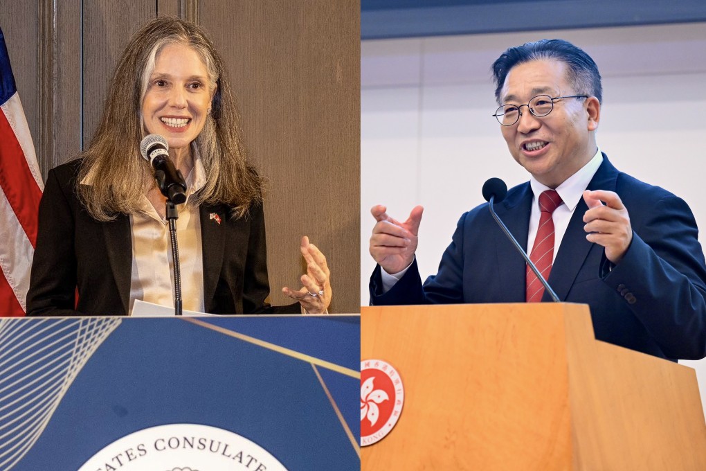 US Consul General Julie Eadeh (left) and Cui Jianchun, commissioner of the Office of the Commissioner of the Ministry of Foreign Affairs in Hong Kong, met for a second time within two weeks. Photo: Handout