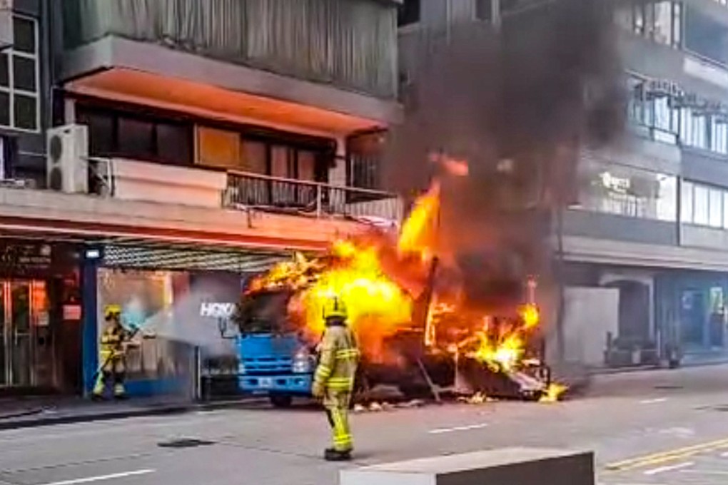 A vehicle caught on fire on Paterson Street, Causeway Bay. Photo: Handout
