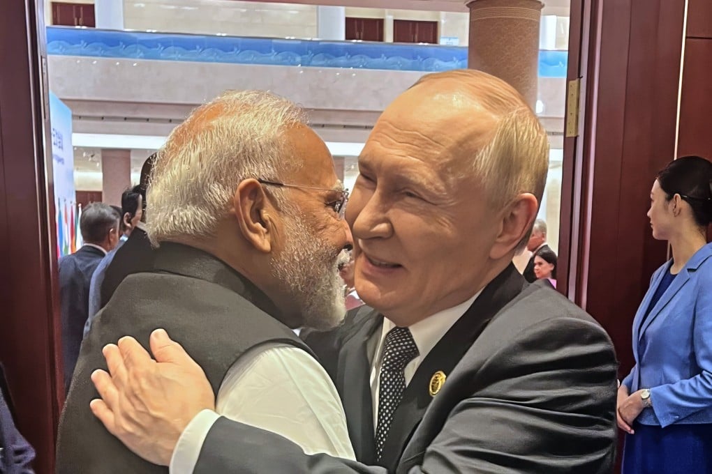 Russian President Vladimir Putin hugs Indian Prime Minister Narendra Modi ahead of the Shanghai Cooperation Organization summit in Tianjin last month. Photo: AP