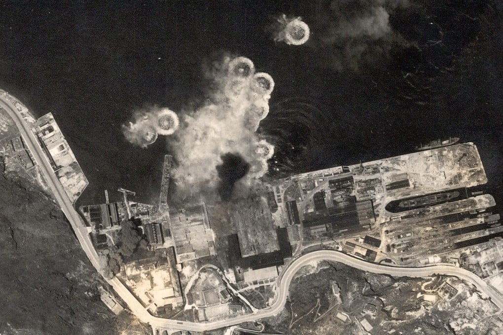 An aerial photo captures the bombing of Taikoo Dockyard on April 2, 1945. Photo: Hong Kong Baptist University