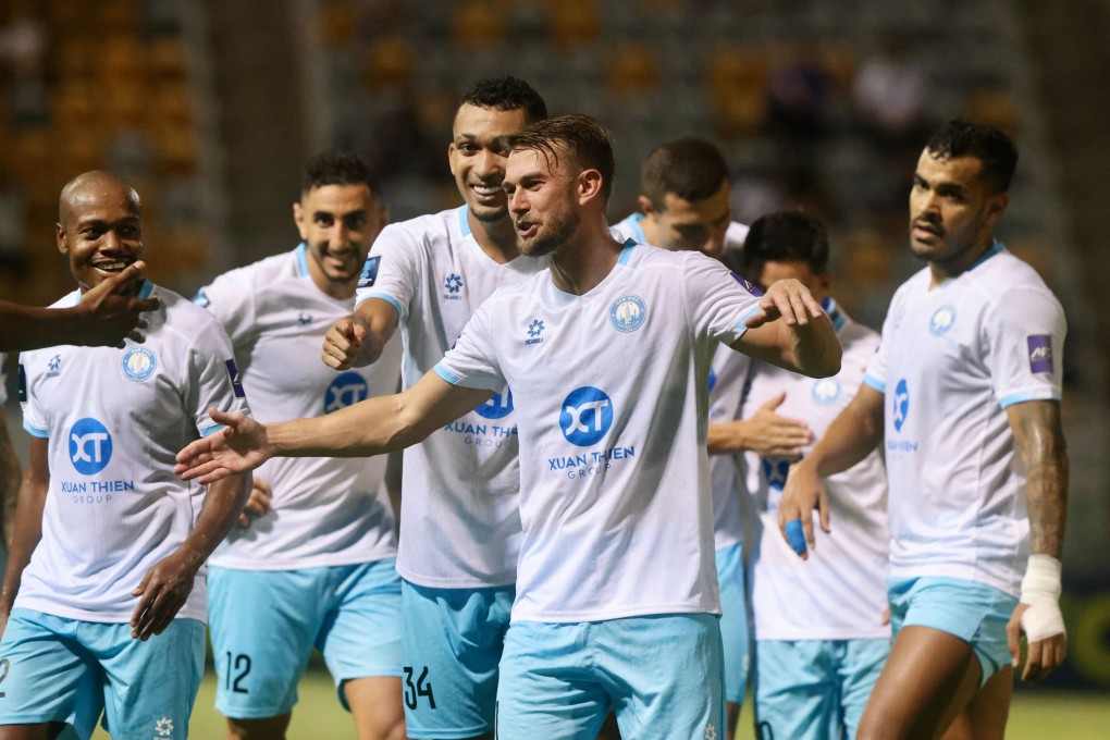 Kristoffer Hansen leads the celebrations after scoring Nam Dinh’s decisive goal against Eastern. Photo: Jonathan Wong