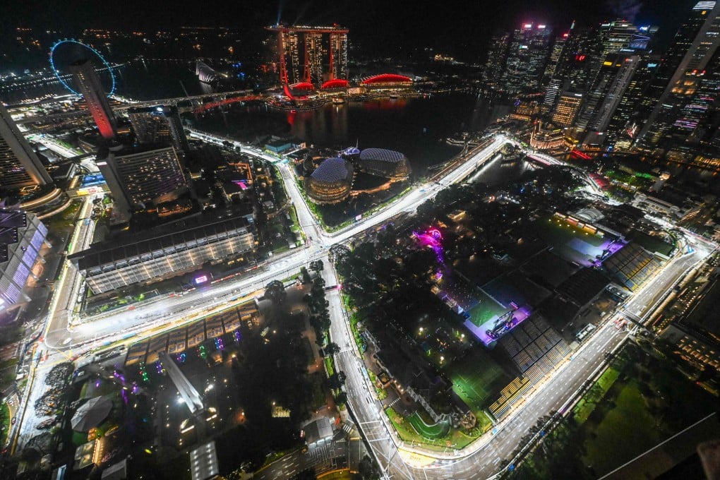 The road circuit illuminated for the coming Singapore Grand Prix at the Marina Bay Street Circuit on Tuesday. Photo: AFP