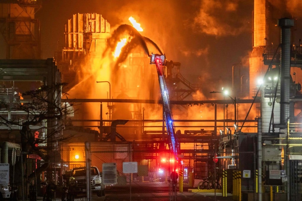 Fire burns at a Chevron refinery on Friday in El Segundo, California. Photo: via AFP