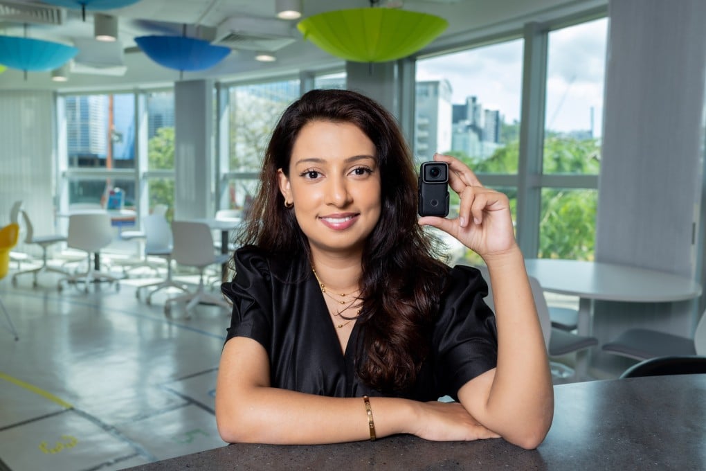 Hong Kong innovator Lamia Sreya Rahman showcases her start-up’s AI-powered body cam. Photo: Kong Yat-pang