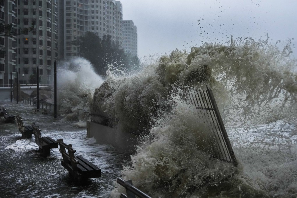 Waves crash onto the shore in Heng Fa Chuen during the No 10 warning signal for Super Typhoon Ragasa. Photo: Karma Lo