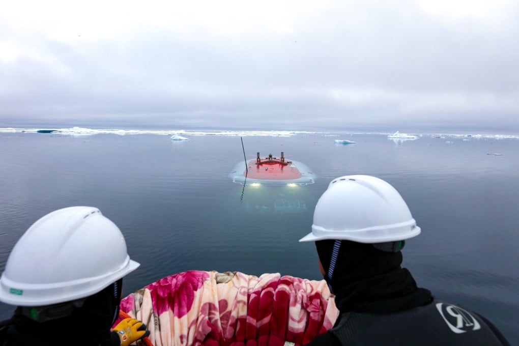 China’s manned deep-sea submersible Jiaolong returns to the surface from the bottom of the Arctic Ocean in August. Photo: Xinhua