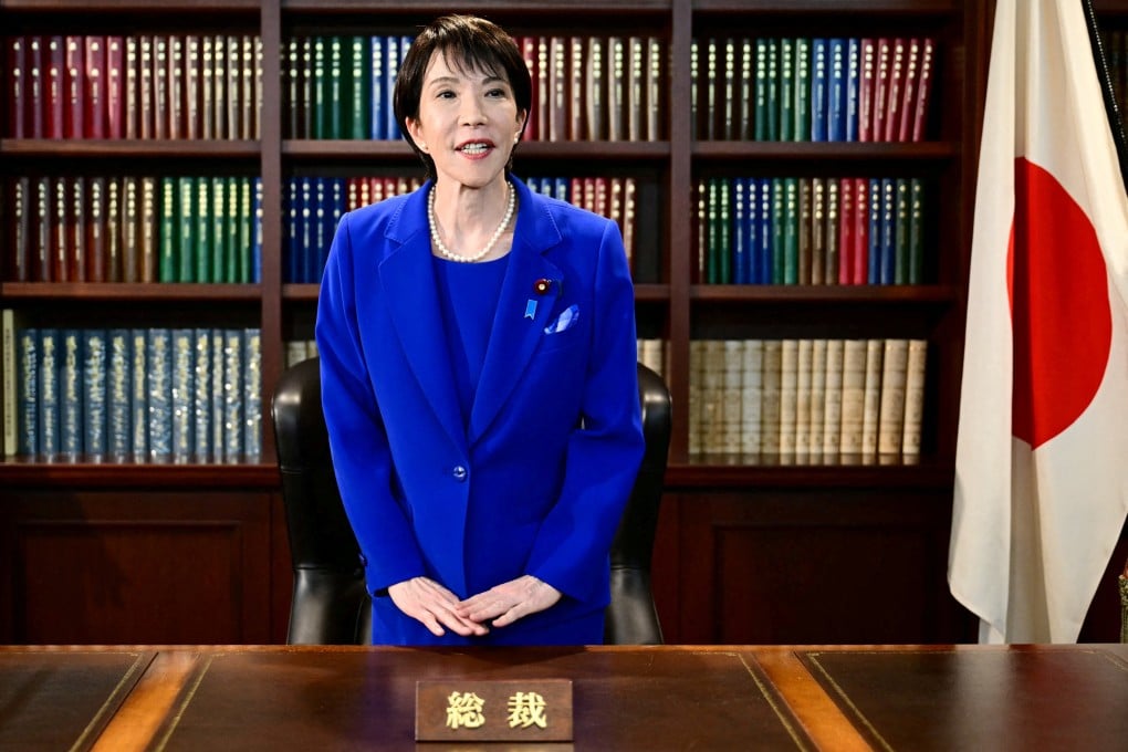 Sanae Takaichi, the newly elected leader of Japan’s ruling Liberal Democratic Party, gestures as she leaves the party leader’s office after the LDP leadership election in Tokyo on Saturday. Photo: Reuters