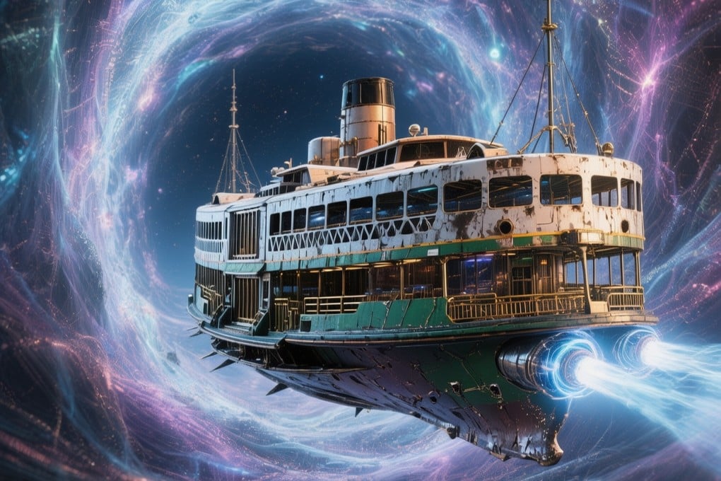 An image of a Star Ferry-inspired spacecraft traversing a wormhole, generated by Tencent’s AI model. Photo: SCMP Pictures