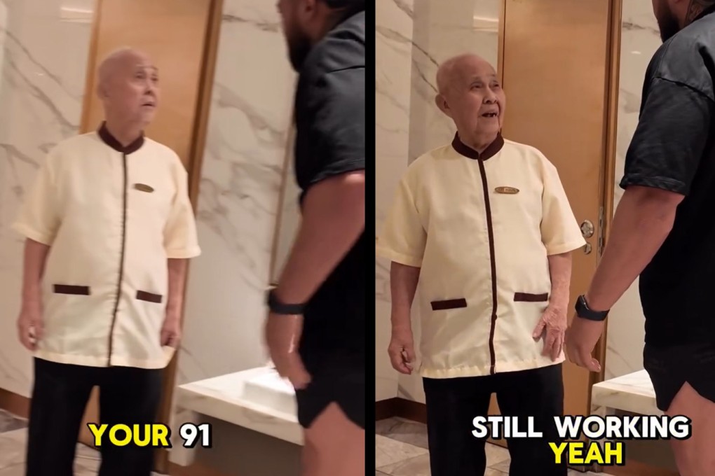 Screenshot from viral video of fitness influencer Jaden Laing speaking to a 91-year-old cleaner in Singapore. Photo: Instagram / Jaden Laing