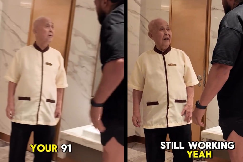 Screenshot from viral video of fitness influencer Jaden Laing speaking to a 91-year-old cleaner in Singapore. Photo: Instagram / Jaden Laing