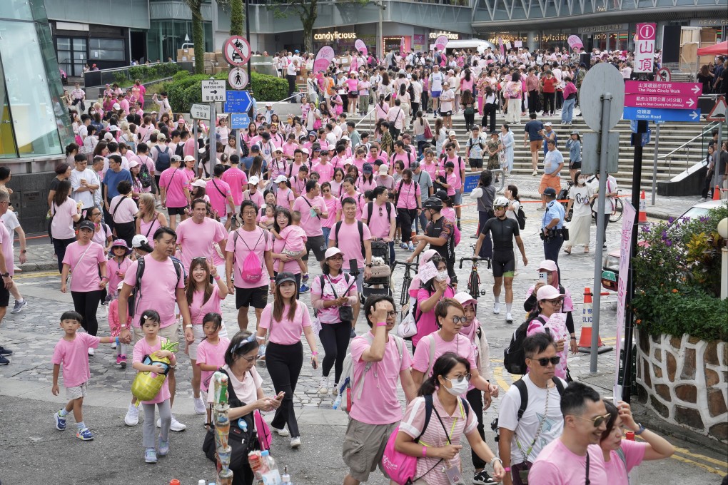 Nearly 2,000 “pink walkers” gather at The Peak to join the Pink Walk charity event organised by the Hong Kong Breast Cancer Foundation in 2024. This year, the event will be held on October 19. Photo: Elson Li