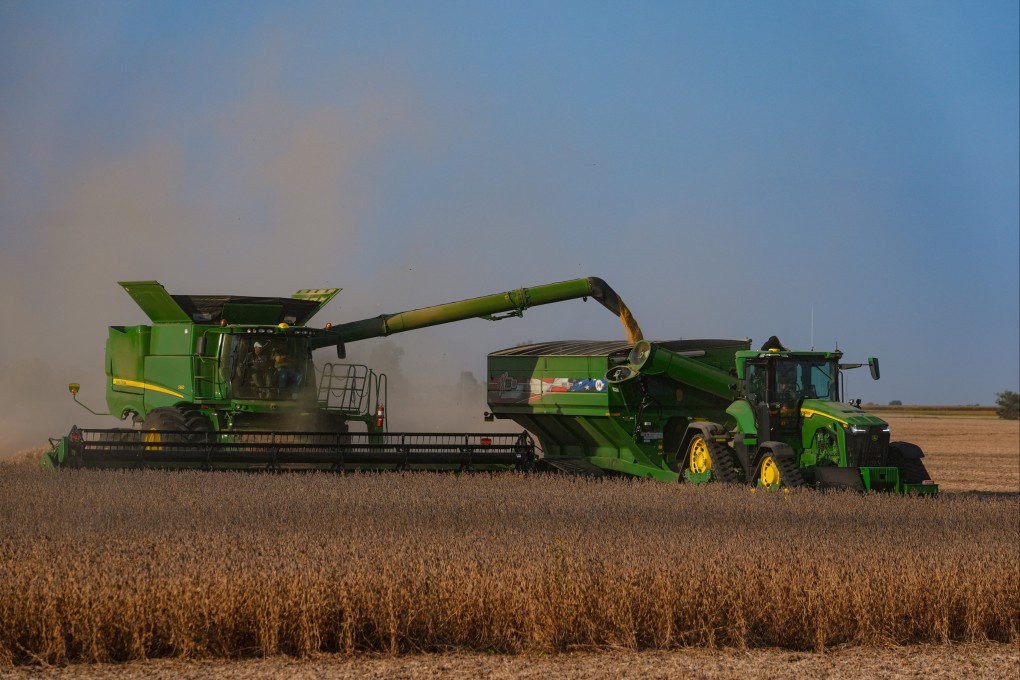 Soybeans are harvested on a farm in the US state of Indiana last month.  Soybeans have become the latest flashpoint in the trade dispute between China and the US. Photo: AP