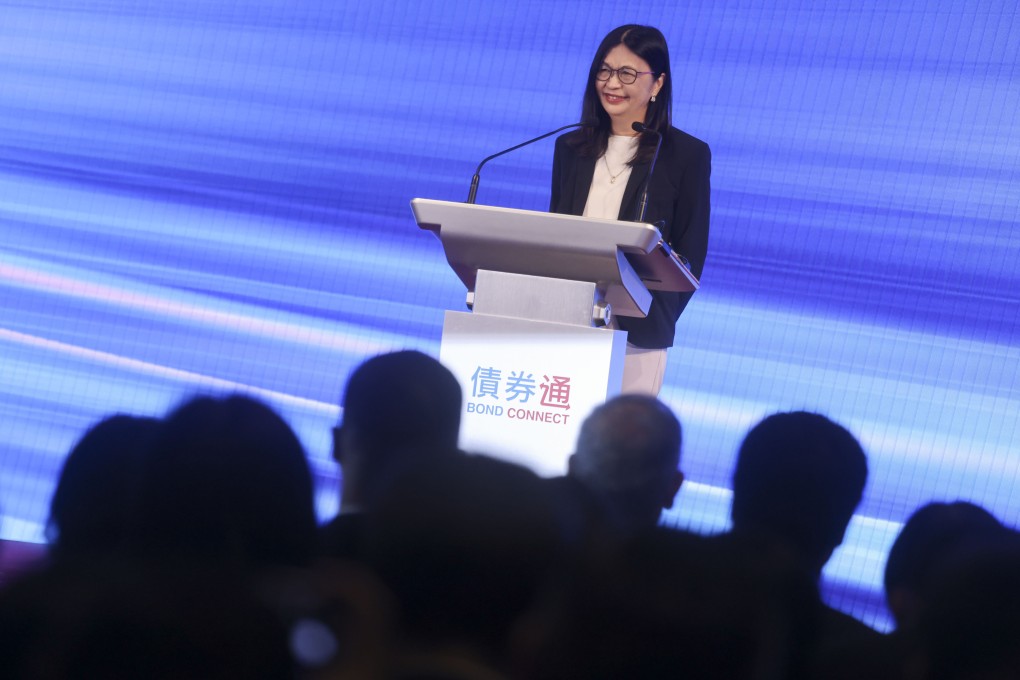 Securities and Futures Commission CEO Julia Leung Fung-yee speaks at the Bond Connect Anniversary Summit on July 8, 2025. Photo: Jonathan Wong