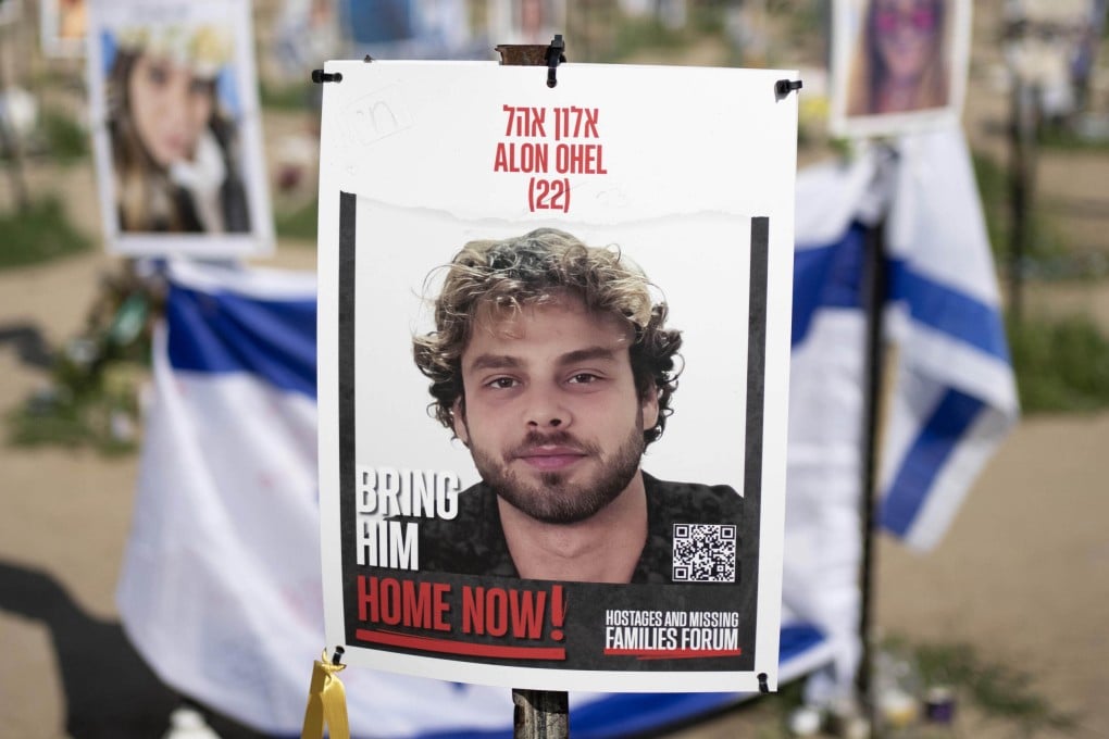 A poster depicting Israeli hostage Alon Ohel is displayed in Re’im, southern Israel, at the Gaza border, in February 2024. Photo: AFP