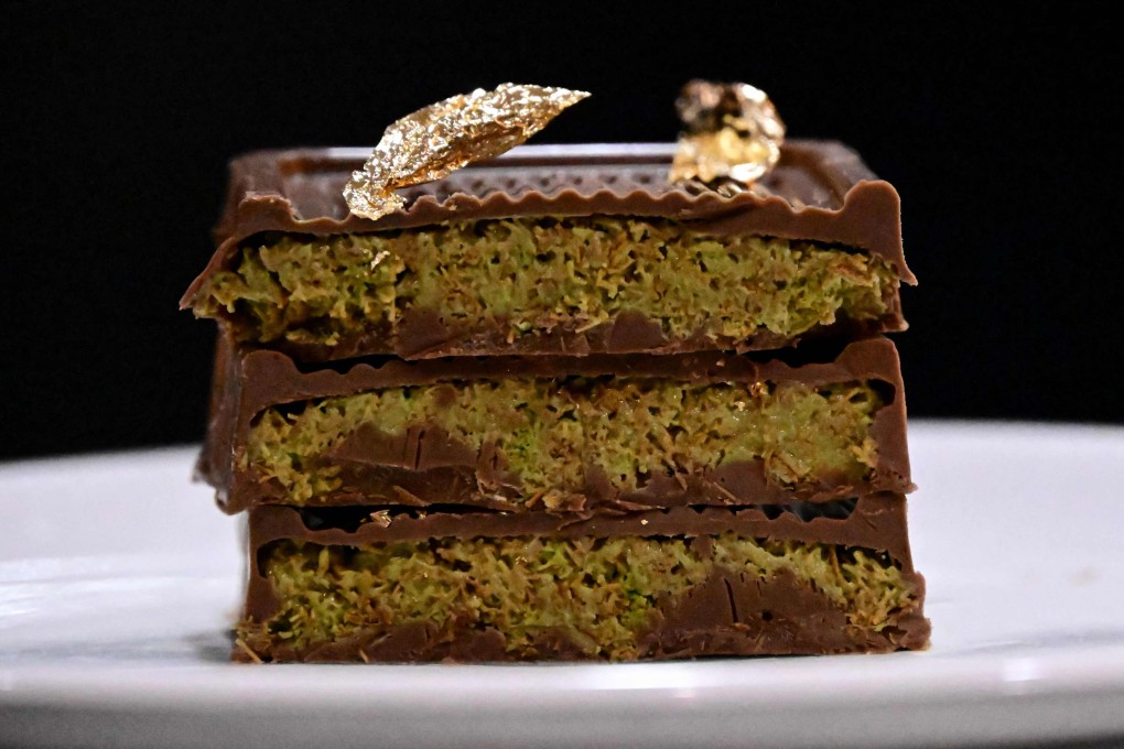 A Dubai chocolate cake at a bakery in Berlin, Germany. The creativity of brands, big and small, continues to fuel the popularity of the Middle Eastern confectionery craze. Photo: AFP