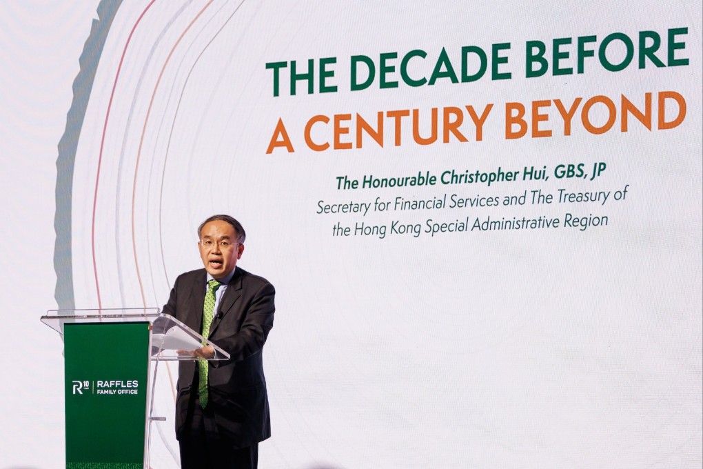 Secretary for Financial Services and the Treasury, Christopher Hui, addresses the Raffles Family Office annual forum on Wednesday. Photo: Handout