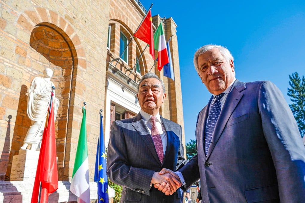 Chinese Foreign Minister Wang Yi (left) and his Italian counterpart Antonio Tajani meet in Rome on Wednesday. Photo: EPA