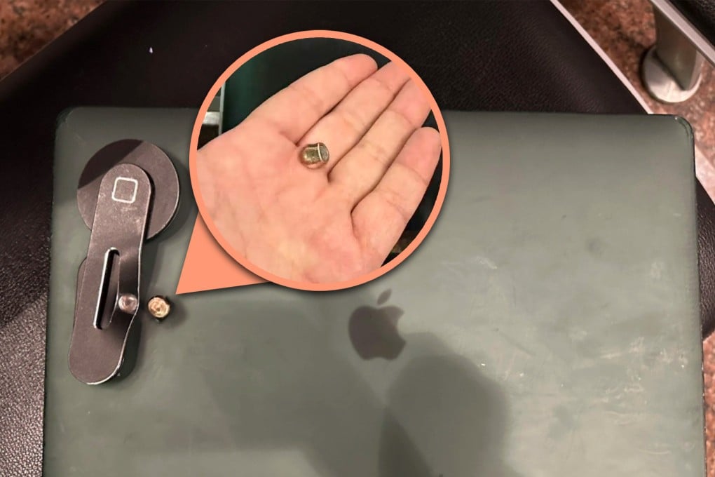 A Chinese businessman in Brazil, who was targeted by a gun wielding robber managed to flee after the thief fired two shots, one of which was lodged in his laptop. Photo: SCMP composite/QQ.com