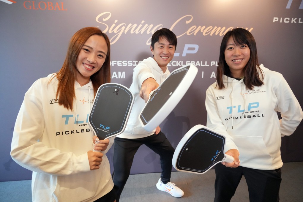 (From left) Agnes Fung, Ryan Lam and Nikita Tang celebrate signing with TLP Pickleball Club at a ceremony at the Conrad Hong Kong. Photo: May Tse