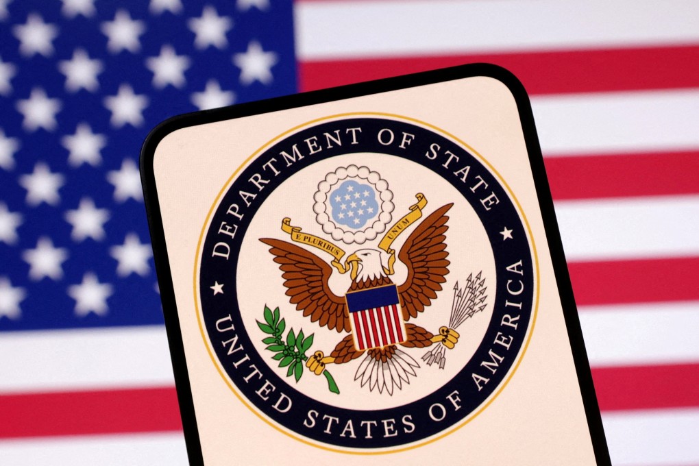 The US State department logo is seen in front of the American flag. The US said earlier this year that it would restrict employees in China from entering romantic relationships with locals. Photo illustration: Reuters