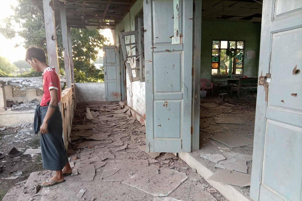 Damage to a building next to the site of a military strike on a protest in central Myanmar’s Chaung U township earlier this month. Photo: Facebook/Yebaw Hlyat Cee/AFP