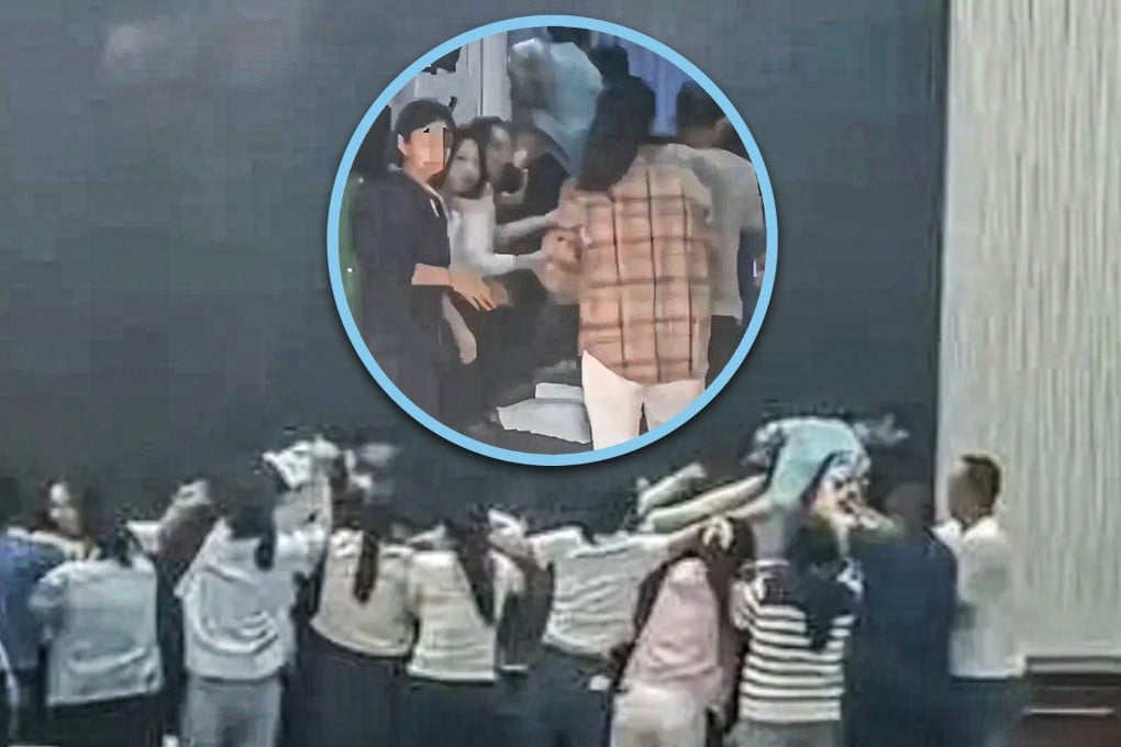 A secondary school in China is in trouble with the authorities after parents formed a bizarre “human bridge” for students to clamber over in a so called “guilt education” exercise. Photo: SCMP composite/QQ.com