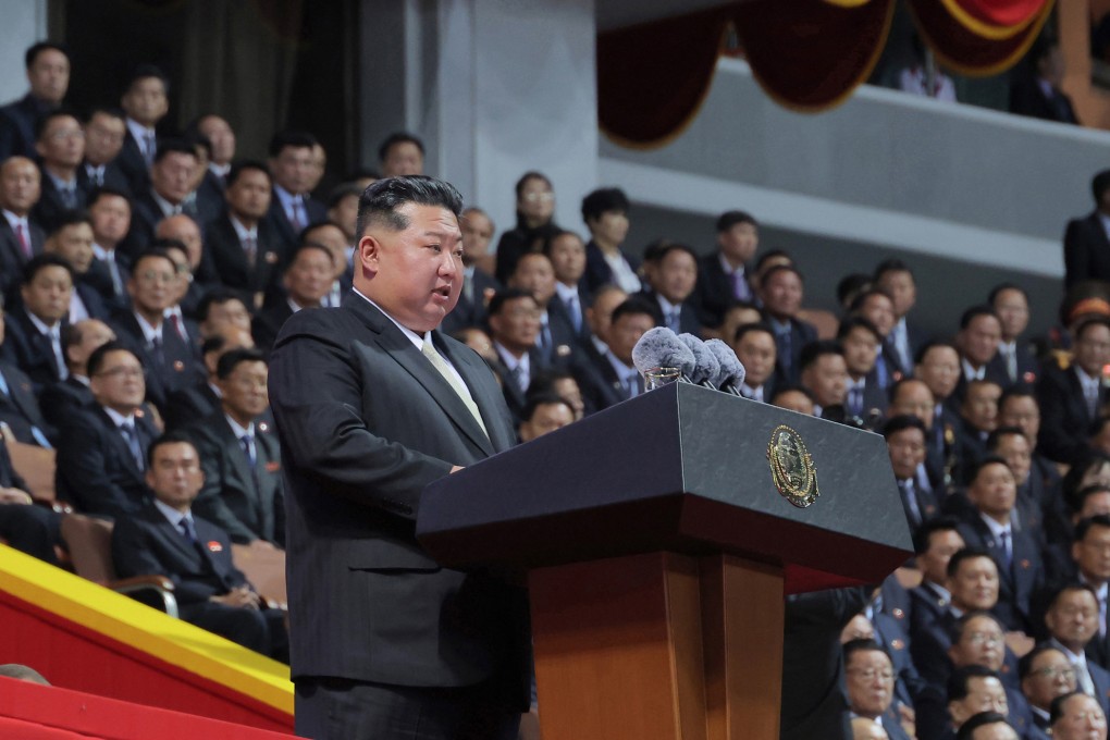 North Korean leader Kim Jong-un delivers a speech at a ceremony to celebrate the 80th anniversary of the founding of North Korea’s Workers Party on Thursday. Photo: KCNA/Yonhap