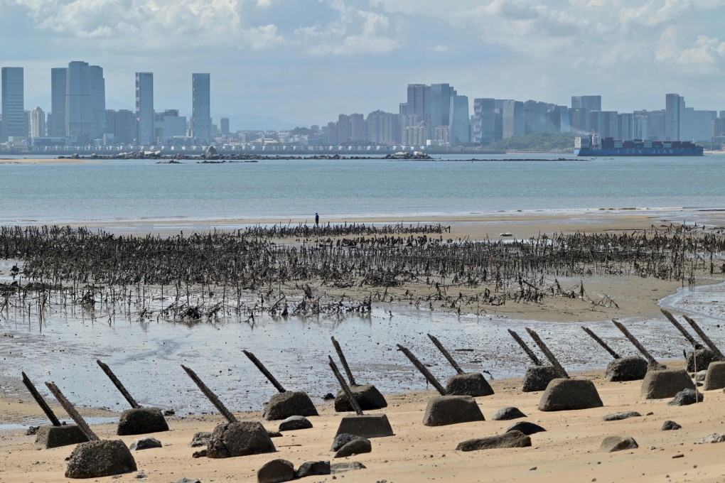The Xiamen city skyline is seen past anti-landing spikes placed along the coast of an islet on Taiwan-controlled Quemoy Island, also known as Kinmen. Photo: AFP