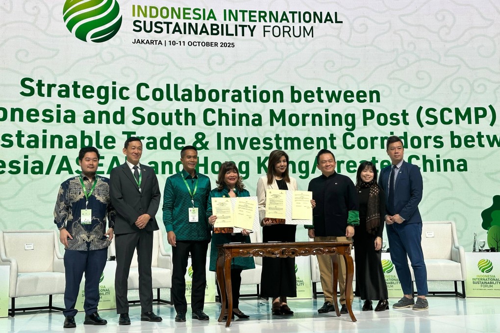 Attendees of the signing of the memorandum of understanding between SCMP and Kadin Indonesia in Jakarta on October 11, 2025. (From left to right): Kadin Indonesia’s Secretary General of UK-Indonesia Bilateral Committee Steven Marcelino, Chairman of Hong Kong and Macau Bilateral Committee Suwito, Chairman Anindya Bakrie, Vice Chairwoman Shinta Kamdani; SCMP’s Executive Managing Editor Zuraidah Ibrahim, Global Events Vice-President Razlan Manjaji, Events Manager Lucia Lam, and Events Associate Director Mak Sin Chang. Photo: Handout