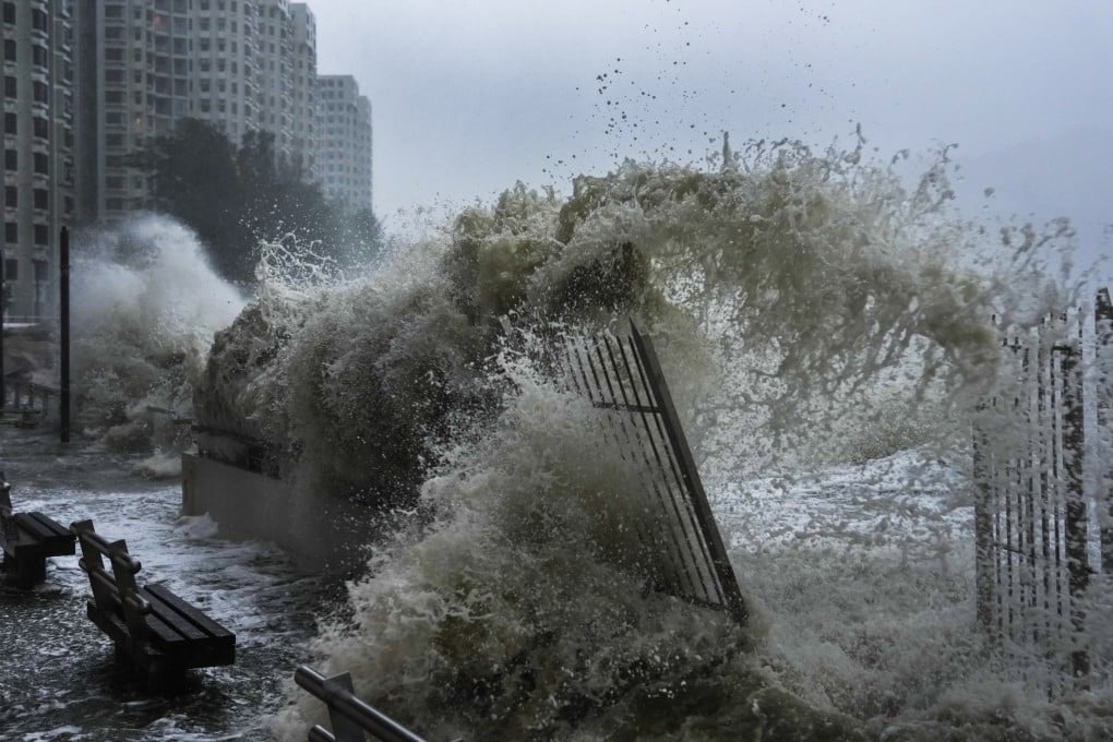 Waves crash onto the shore at Heng Fa Chuen waterfront as Super Typhoon Ragasa strikes the city on September 24. Photo: Karma Lo