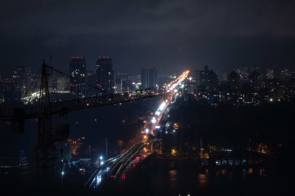 A general view of residential buildings during a power outage in Kyiv on Friday, following Russian attacks on Ukraine that cut power to thousands and killed a seven-year-old boy, authorities said. Photo: AFP