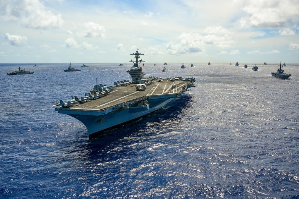 A US aircraft carrier leads a group of warships off the coast of Hawaii during Rimpac, the world’s largest multinational maritime drill, on July 22, 2024. Photo: Handout