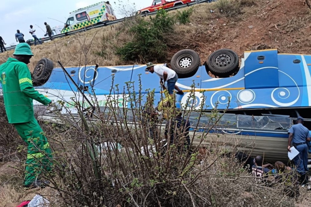 First responders and rescue crews work at the scene of a bus crash near Makhado, Limpopo, South Africa on Monday. Photo: Arrive Alive/ EPA