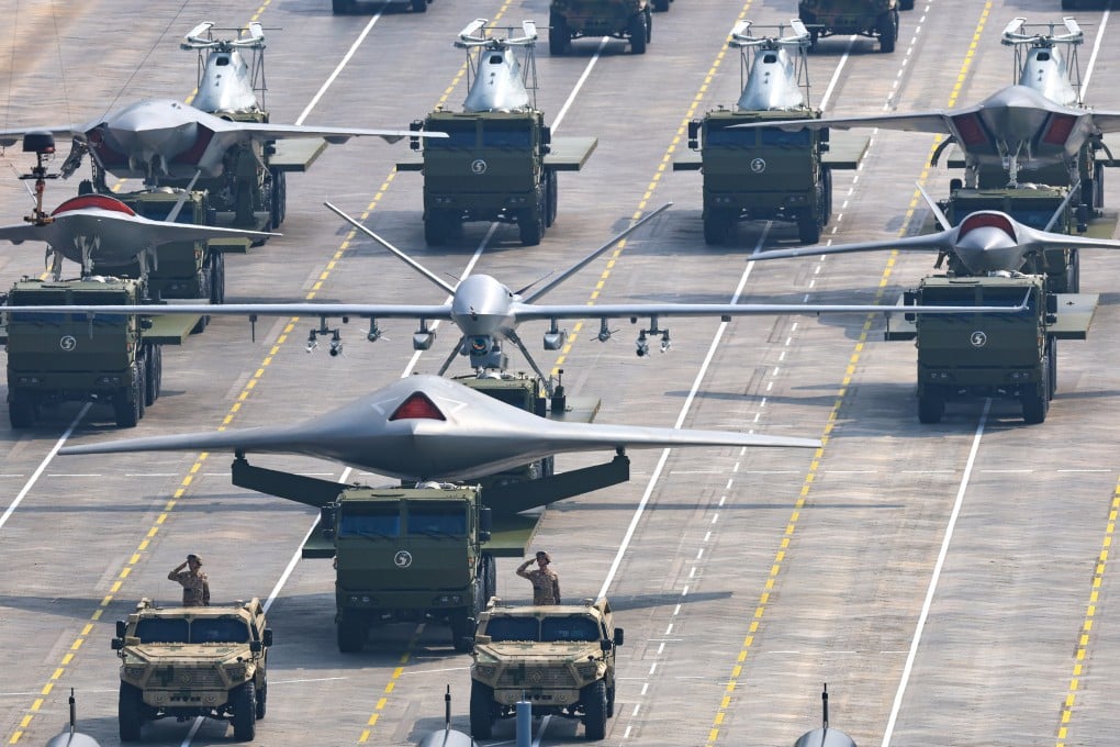 Airborne uncrewed vehicles are showcased during the Victory Day military parade in Beijing on September 3. Weaponry paraded within formations during the event did not originate from a single theatre command or service branch. Photo: Xinhua
