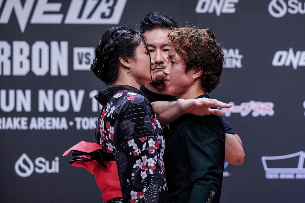 Kana Morimoto (right) said Stamp Fairtex (left), wearing a traditional yukata, was “kind of aggressive” at their pre-fight press conference in Tokyo. Photo: ONE Championship