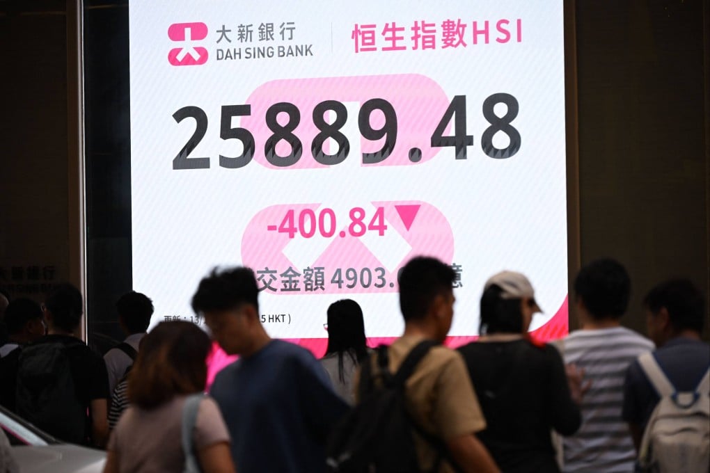 People pass by an electronic sign board showing the closing price of the Hang Seng Index in Hong Kong on October 13, 2025. Photo: AFP