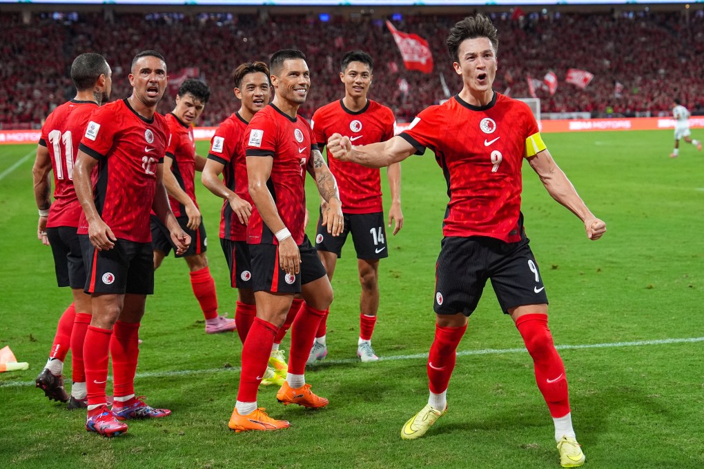 Hong Kong’s Matt Orr (right) celebrates after putting his side ahead against Bangladesh. Photo: Elson Li