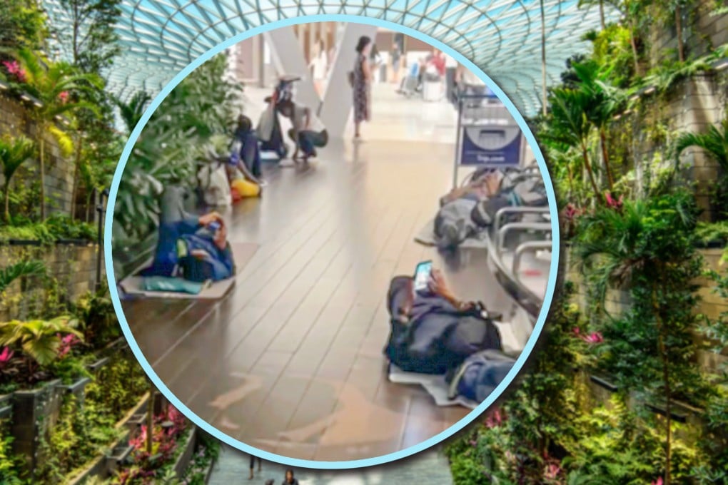 Tourists sleeping at Singapore Changi Airport’s Arrival Garden to save on hotel costs drew backlash from locals, who felt this behaviour tarnished the airport’s reputation. Photo: SCMP composite/Shutterstock/TikTok